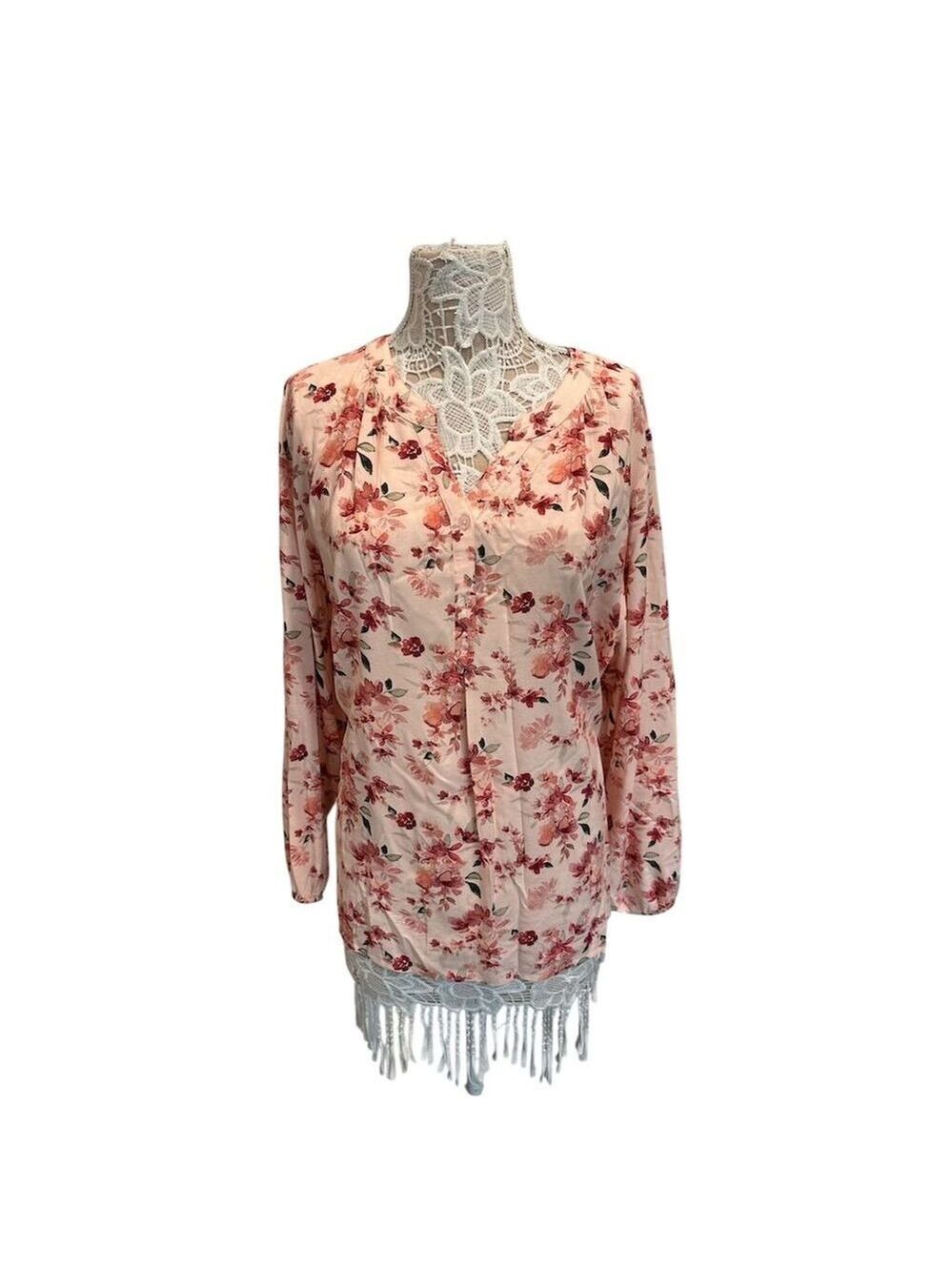 Denim & Co Women's 2XL Pink Floral V-Neck Blouse Long Sleeve Casual